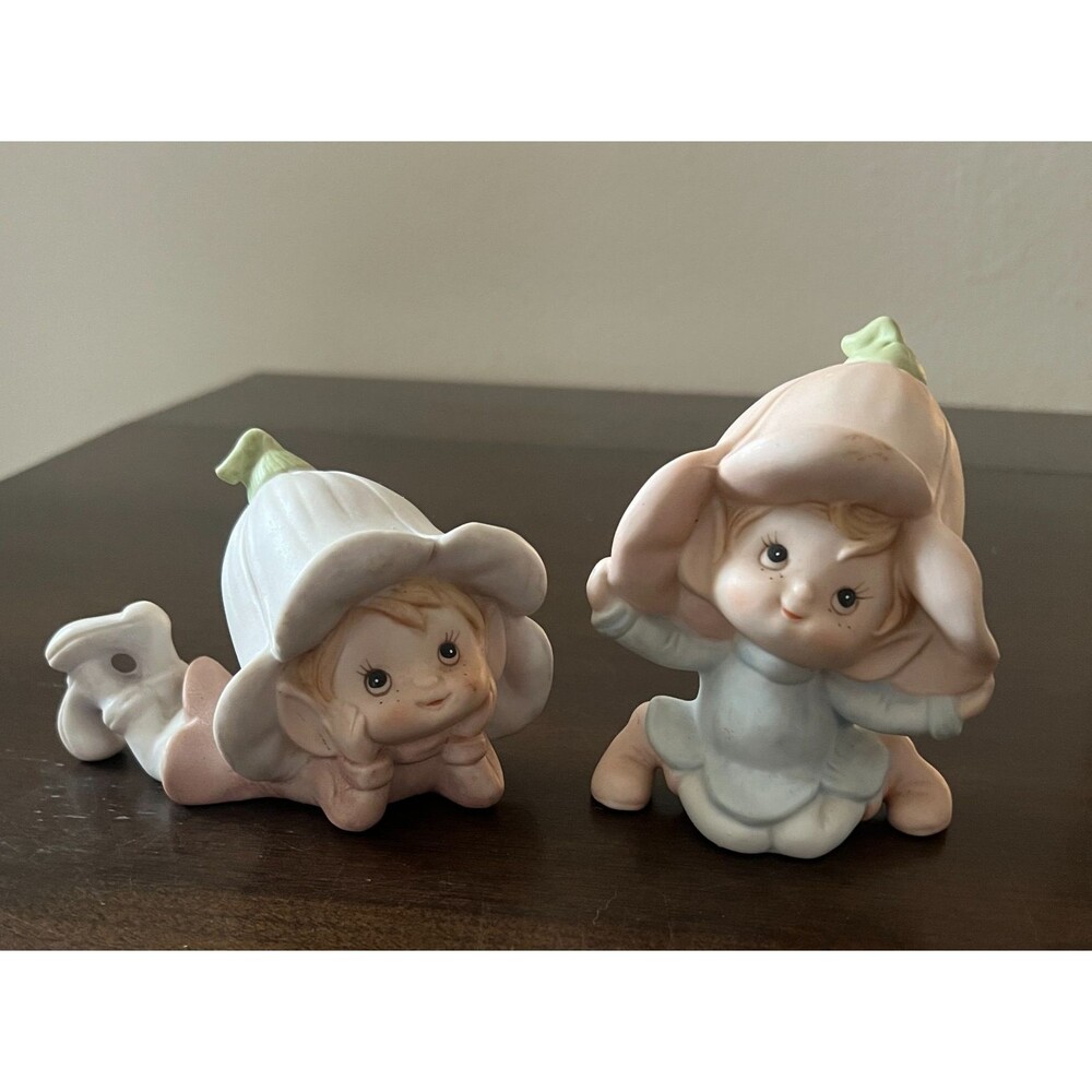 Vintage Homco Elf Garden Pixie Fairy Lot Of 2 Figurines #5615 Porcelain Ceramic